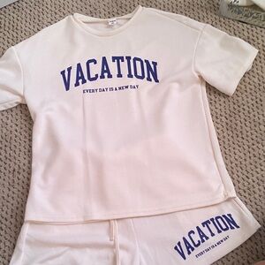 Kids 2 Piece Cream Color Vacation Shirt and Short Set | Size 11Y